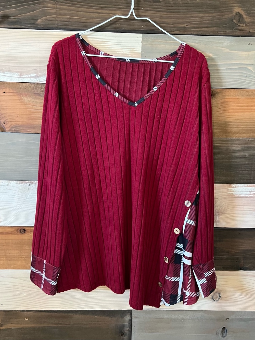 SHEIN Red Ribbed V-Neck Top with Plaid Trim